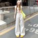 American-style Unique Open-pocket Design White Wide-leg Jeans For Women, High-waisted, Loose-fitting, Drapey_ecoleips.com