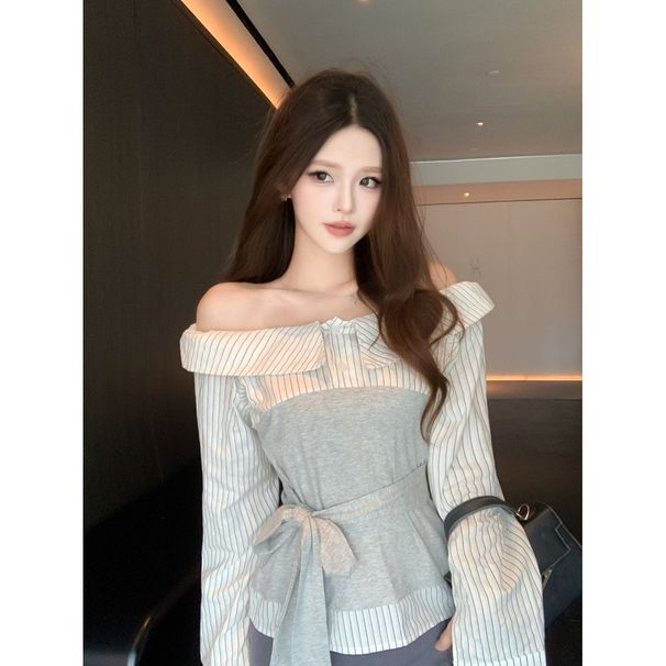 Purely Desirable Striped Patchwork Off-shoulder Long-sleeve Shirt For Women, 2025 Autumn New Design With Tie Straps_ecoleips.com