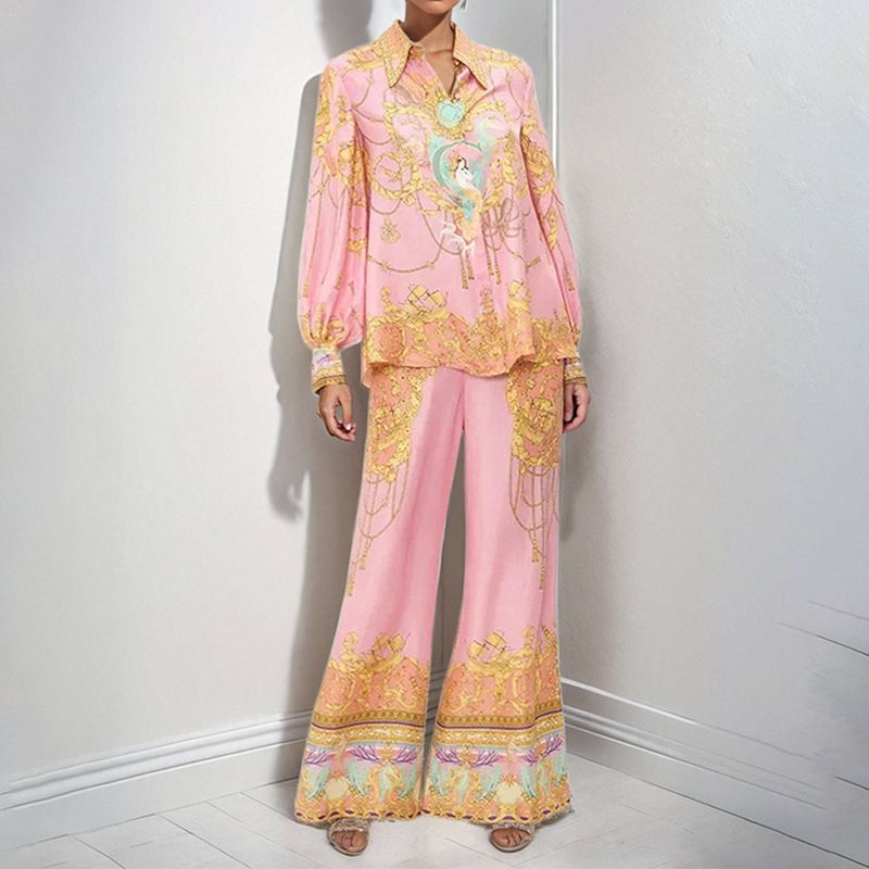 Women's Clothing Long Sleeved Pink Printed Shirt And Trousers Casual Fashion Suit American Style For Spring 2026_ecoleips.com
