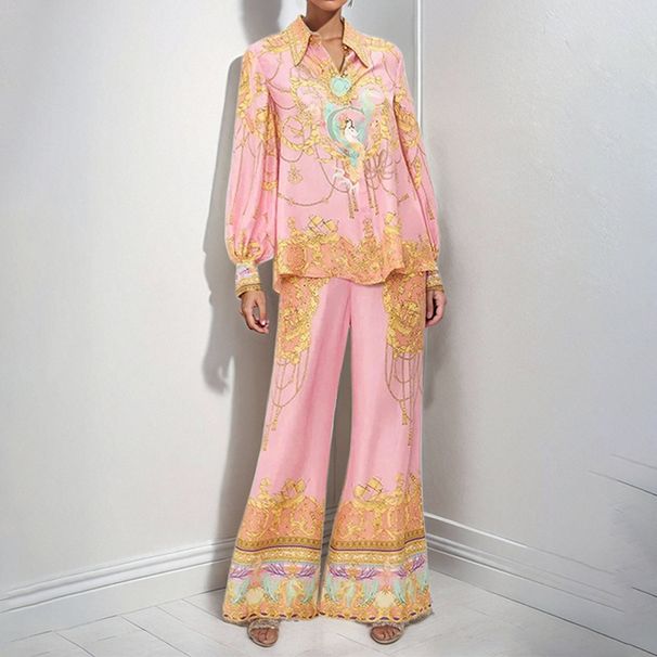 Women's Clothing Long Sleeved Pink Printed Shirt And Trousers Casual Fashion Suit American Style For Spring 2026_ecoleips.com