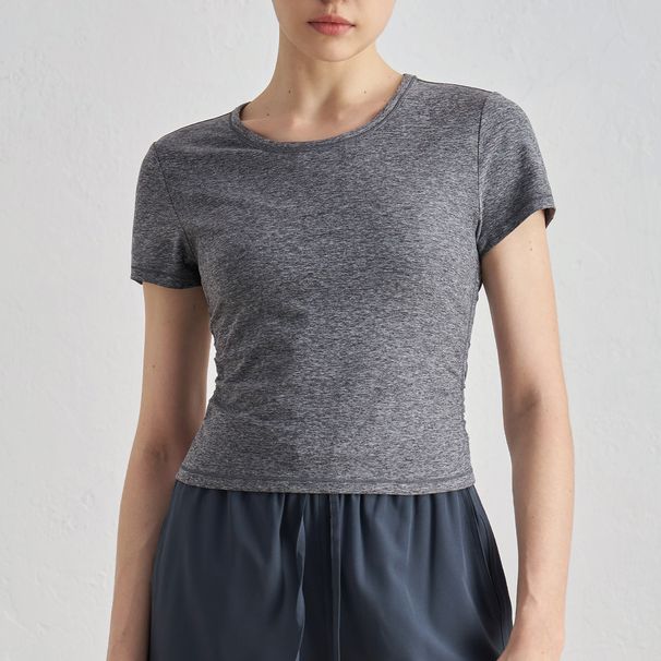 Women's Clothing High End Slim Yoga Tops Ribbed Round Neck Love Fitness Short Sleeved Pleated Outdoor Sports T Shirts For Women_ecoleips.com