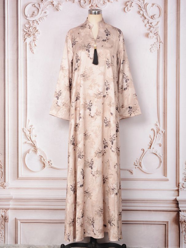 Women's Robe New Printed Embroidery Large Swing Muslim Dress_ecoleips.com