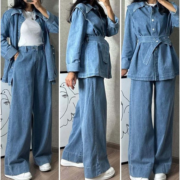 Women's Clothing New Women's Long Sleeved Denim Jacket Wide Leg Jeans Two Piece Set_ecoleips.com