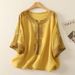 New Chinese Style Cotton-Linen Embroidered V-Neck Short-Sleeve Top, Summer Loose Casual Elegant Mid-Sleeve T-Shirt For W_ecoleips.com