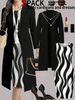 Plus Size Women's Blue Cardigan And Dress Set Long Sleeved Abstract Wave Print Two Piece Casual Comfortable Spring/Autumn Fashion_ecoleips.com
