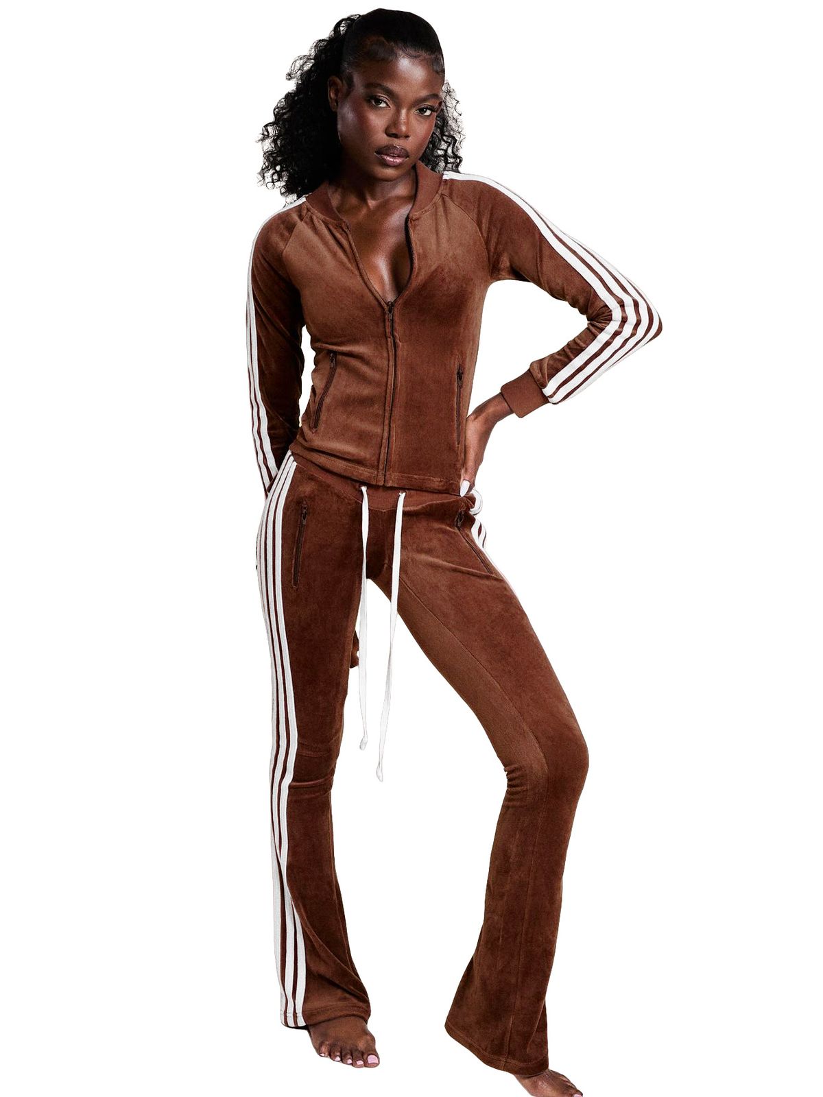 Women's Clothing Women's Style Two Piece Set Fleece Zipper Drawstring Trousers With Side Stripe Slightly Flared_ecoleips.com