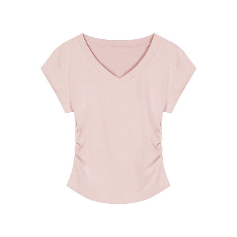 American Spice Girl Solid Color Simple V-Neck T-Shirt Women's 2026 Summer New Short Slim Versatile Pullover_ecoleips.com