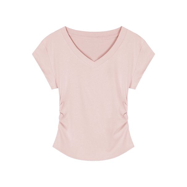American Spice Girl Solid Color Simple V-Neck T-Shirt Women's 2026 Summer New Short Slim Versatile Pullover_ecoleips.com