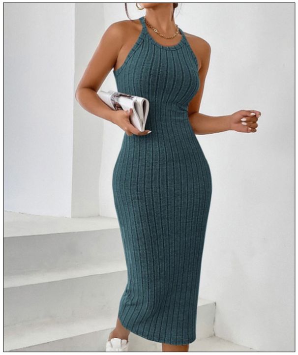 Women's Crew Neck Solid Sleeveless Spaghetti Strap Dress Knit Ribbed Longline Slim-Fit Casual Sports Tank Dress_ecoleips.com