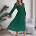 Real Shot Of 2026 Spring/summer European And American Solid Color V-neck Long-sleeve Sexy Slit Dress,_ecoleips.com