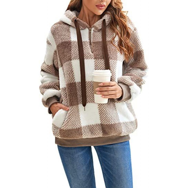Unisex Plush Fleece Hoodie With Checkered Pattern - Cozy Long Sleeve Pullover With Kangaroo Pocket, Oversized Streetwear Outerwear For Men & Women_ecoleips.com