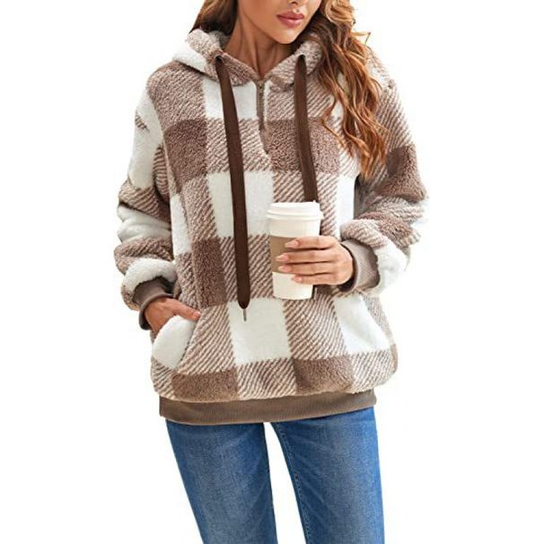 Unisex Plush Fleece Hoodie With Checkered Pattern - Cozy Long Sleeve Pullover With Kangaroo Pocket, Oversized Streetwear Outerwear For Men & Women_ecoleips.com