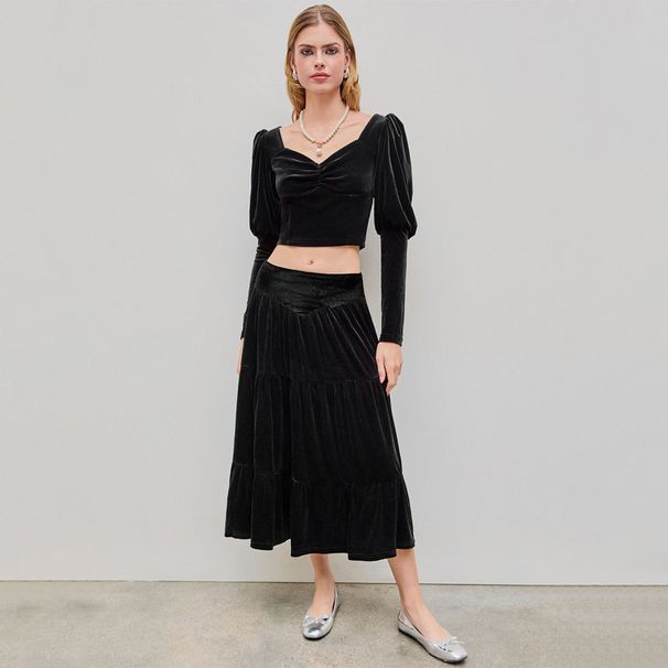 Voya 2026 Discounted Women's Clothing With European And American Design Sense, Medium Length Style, Fashionable Lotus Leaf Velvet Skirt_ecoleips.com