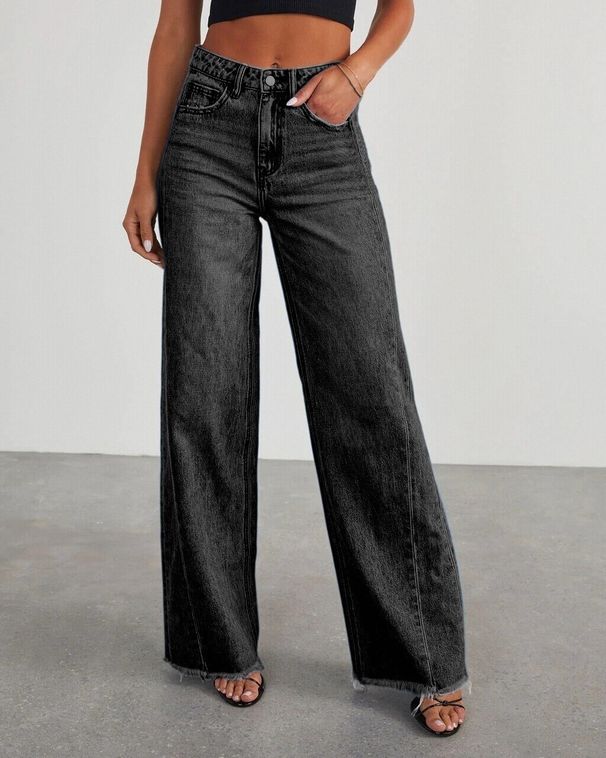 Women's Clothing Loose Wide Leg Side Seam Stitching Frayed Hem Jeans For Women 32150_ecoleips.com