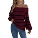 Casual Striped Off-Shoulder Lantern Sleeve Pullover Sweater Women's Clothing_ecoleips.com
