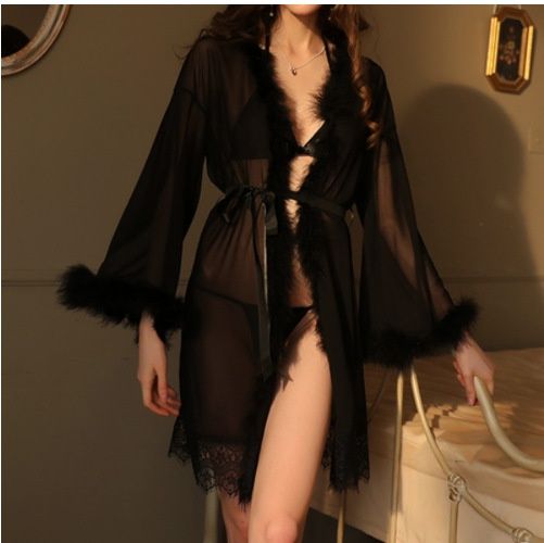 Aria Basics Cross-border Bestseller European American Foreign Trade Mesh Nightgown Sexy Women's See-through Plush Lace Bathrobe And_ecoleips.com