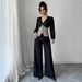 Women's V Neck Short Sleeved Top Elegant Solid Color Wide Leg Pants Two Piece Set Autumn Winter Fashion plus Size Available_ecoleips.com
