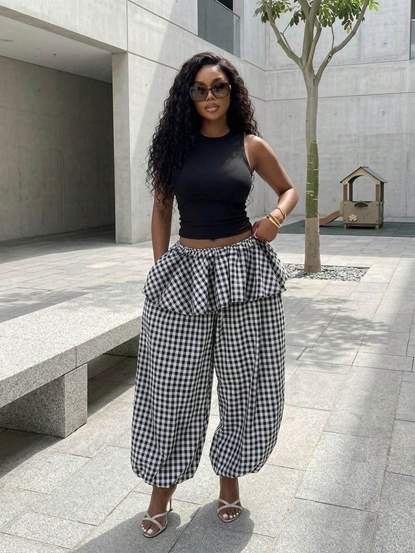 2026 Women's High-Waisted Wide Leg Pants Spring Summer Fashion Plaid Design With Hip Curtains And Jogger Style_ecoleips.com