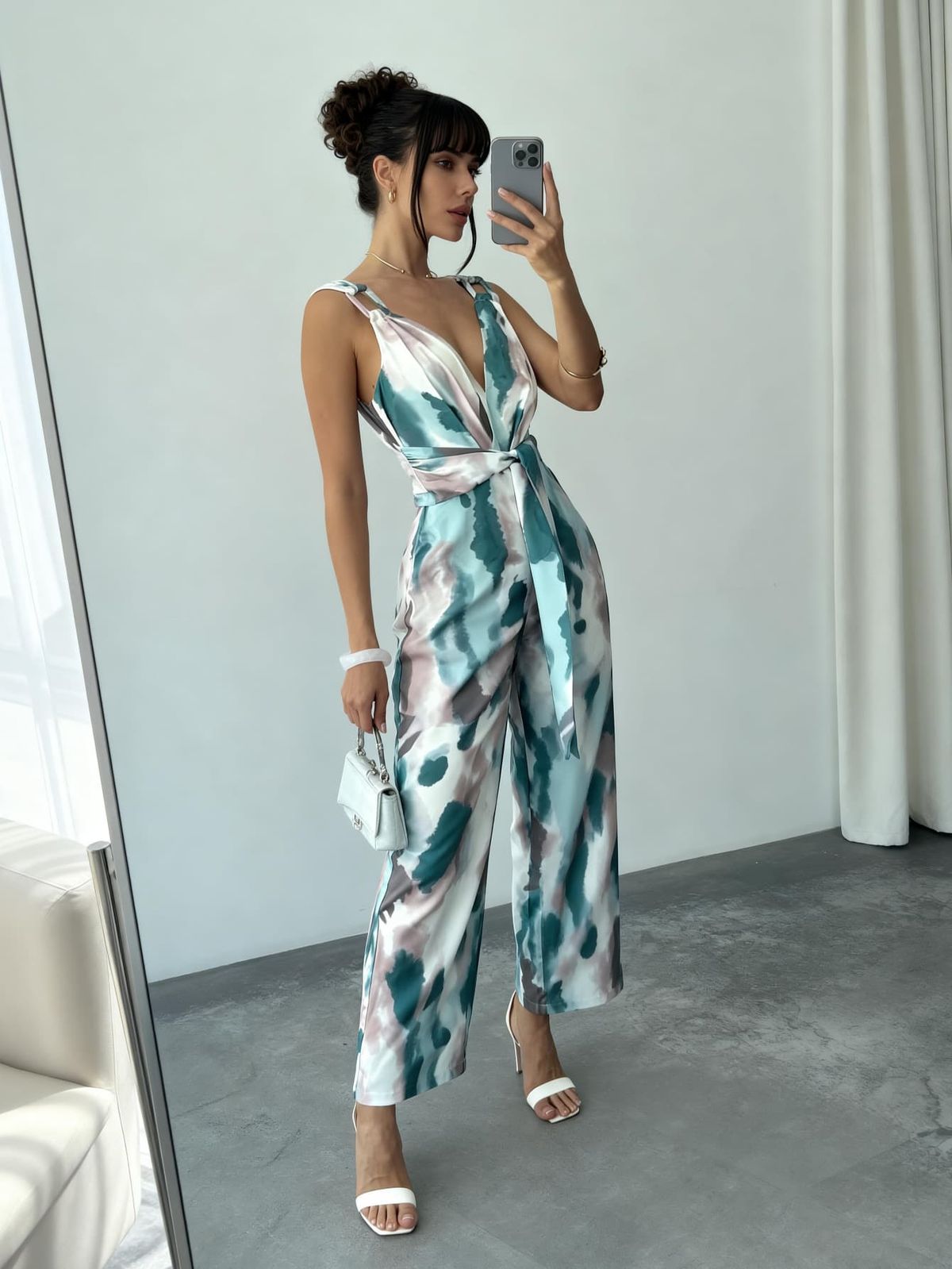 2026 Summer New Blue Pink Smudge Tie-dye Jumpsuit Women's V-neck Kinked Waist Satin Wide-leg Jumpsuit_ecoleips.com