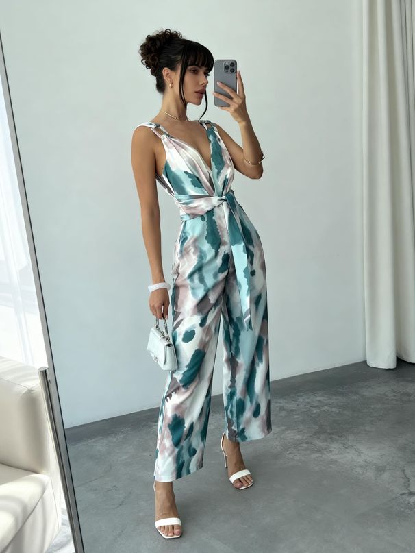 2026 Summer New Blue Pink Smudge Tie-dye Jumpsuit Women's V-neck Kinked Waist Satin Wide-leg Jumpsuit_ecoleips.com