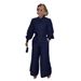 Women's Clothing Tie Strap Lantern Sleeve Shirt Wide Leg Pants Denim Two Piece Suit_ecoleips.com