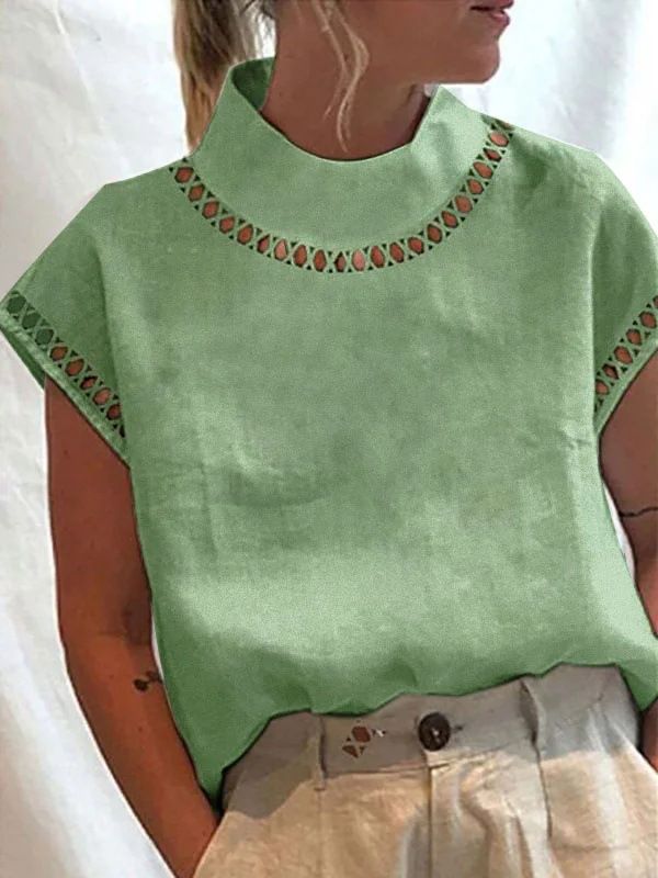 Women's Casual High Collar Linen Lace Shirt Solid Color Breathable Hollow Top For Summer Spring/Autumn Regular Fit Elegant Fashion_ecoleips.com