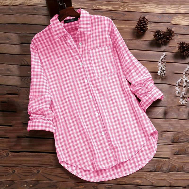 Loose Plaid Lapel Long Sleeve Retro Pocket Shirt_ecoleips.com