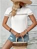 Women's Clothing V Neck Lace Splicing Loose Casual Eyelet T Shirt_ecoleips.com