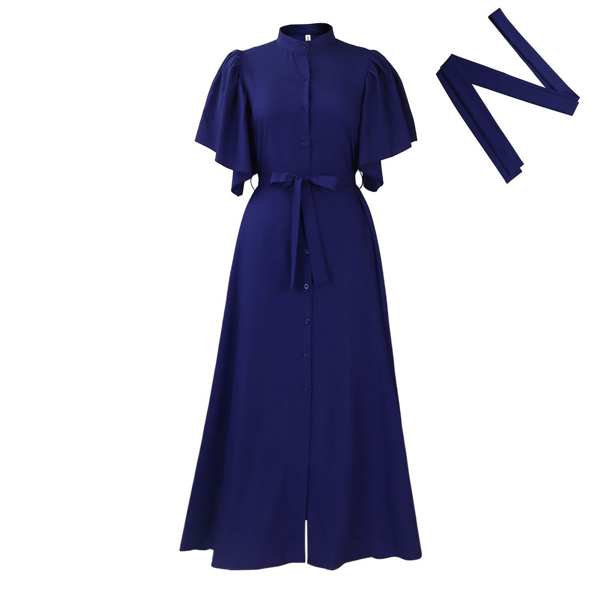 Women's Clothing Summer Fashion Trumpet Sleeve Single Breasted Belt Waist Loose Long Skirt Dress_ecoleips.com