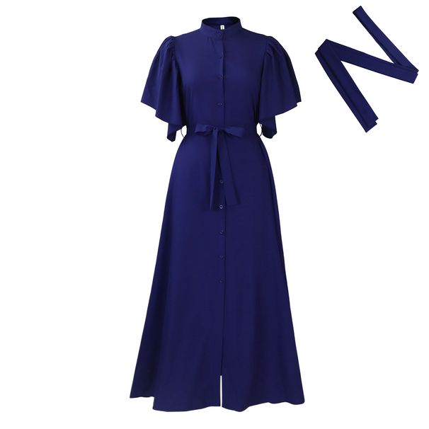 Women's Clothing Summer Fashion Trumpet Sleeve Single Breasted Belt Waist Loose Long Skirt Dress_ecoleips.com