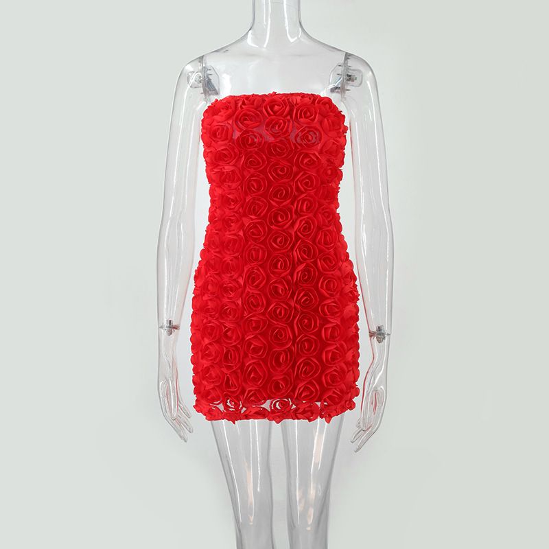 Women's Clothing Fashion Sexy Hot Girl Pure Desire Versatile Three Dimensional Flower Tube Top Hip Dress_ecoleips.com