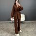 Women's Two Piece Set Puff Sleeved Loose Tie Waist Shirt Straight Leg Casual Pants Fashion_ecoleips.com