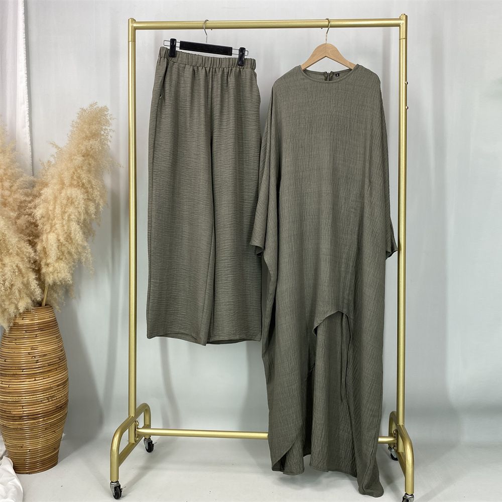 2026 New Cross Border Style Solid Color Batwing Sleeve Belted Top + Wide Leg Pants Set_ecoleips.com