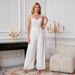 Women's Clothing Elegant V-Neck Wide Leg Jumpsuit - Chiffon & Lace Wedding Party Romper For Women, Sexy & Classy White One-Piece Pantsuit (S/M/L/XL)_ecoleips.com
