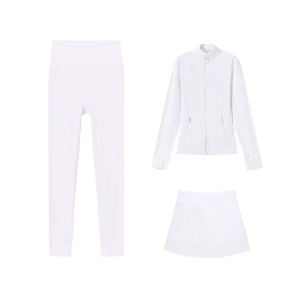 3-Piece Activewear Set – Slim-Fit Jacket, Accordion Skirt & Capri Leggings (Breathable Nylon, Yoga-to-Street Versatility)_ecoleips.com