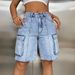 Women's Clothing High Waist Large Pockets Slim Loose Workwear Denim Shorts_ecoleips.com
