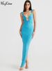 Hugcitar Elegant Solid Straps Sleeveless Backless Metal Loop Draped Slit Maxi Dress Summer Women Clothes Evening Party Vacation_ecoleips.com