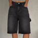 Women's Retro Distressed Washed Denim Shorts Straight Leg Loose Mid-Length Pants_ecoleips.com