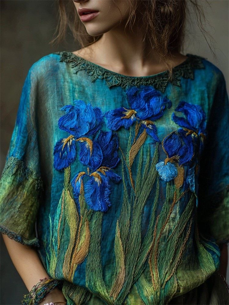 Women's Patchwork round Neck Pullover T-Shirt Artistic Retro Print Linen Top Elegant Spring Summer New Style Cross Border 2025_ecoleips.com