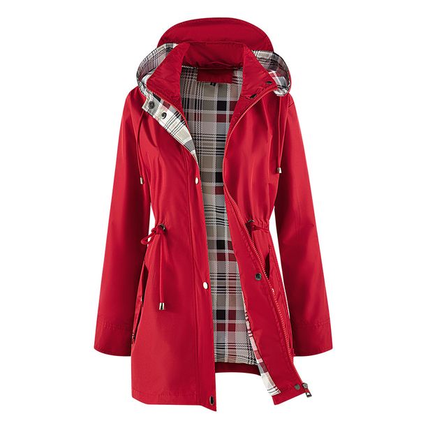 Women’s Trench Coat With Plaid Lining & Inner Pockets – Elegant Longline Jacket (Water-Resistant Polyester, Zip-Front Hooded Coat)_ecoleips.com