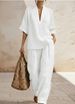 Women's Solid Color Linen Two Piece Set Casual Comfortable Minimalist Spring/Summer mid Waist Full Length Pants European American Style_ecoleips.com