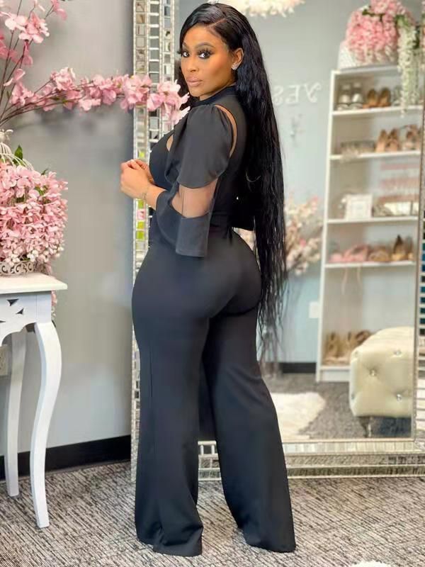 Women's Clothing Classic Solid Color Asymmetrical Collar Button Jumpsuit Casual Hollow Out Wide Leg Pants Women's Romper_ecoleips.com