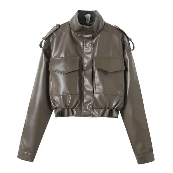 Women's Faux Leather Crop Jacket, Stand Collar Long Sleeve Moto Biker Coat With Pockets, Elastic Hem Casual Streetwear For Daily Commute, Trendy Cropp_ecoleips.com
