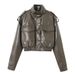 Women's Faux Leather Crop Jacket, Stand Collar Long Sleeve Moto Biker Coat With Pockets, Elastic Hem Casual Streetwear For Daily Commute, Trendy Cropp_ecoleips.com