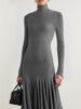 Freeacy 2025 Autumn And Winter New Slim Fit Long Sleeves Maxi Dress For Women Solid Gray High Neck Pleated Casual Party Dresses_ecoleips.com