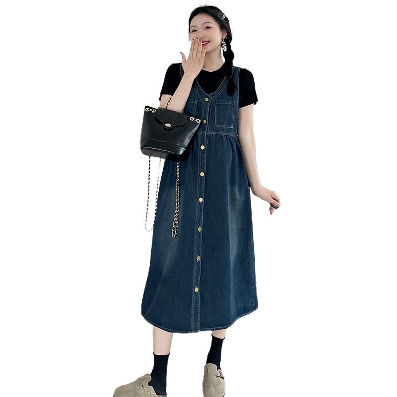 Summer New Korean Fashion Wear Base T-Shirt + Denim Strap 2-Piece Set Maternity Dress_ecoleips.com
