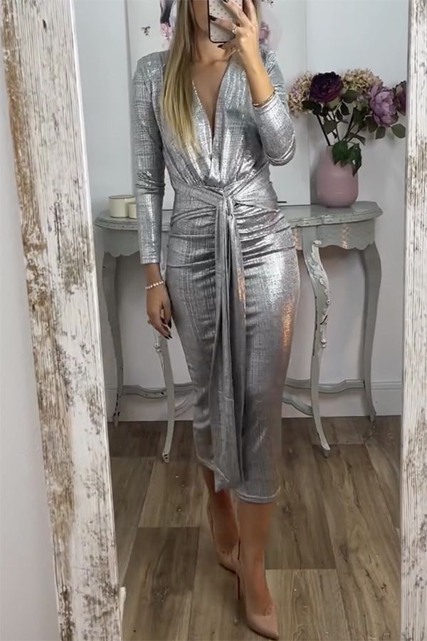 Women's Clothing Autumn And Winter Sexy V Neck Dress Solid Color Hot Stamping Tight Hip Skirt_ecoleips.com