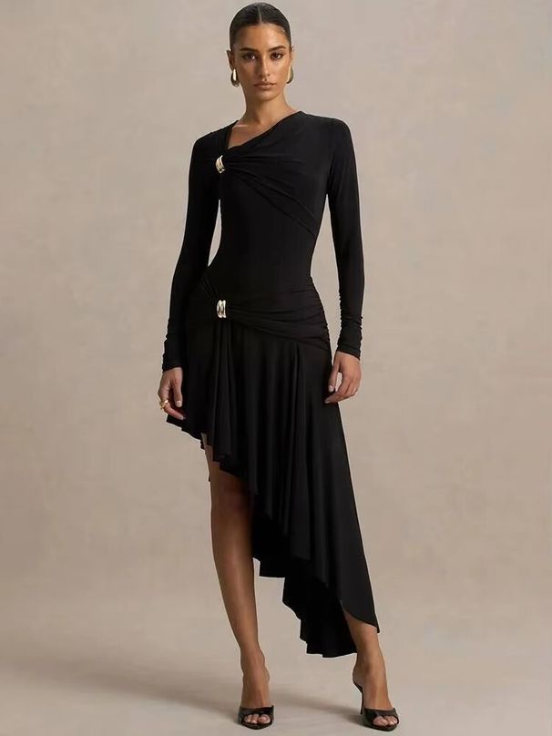 JULISSA MO Irregular Long Sleeve Ruched Women Maxi Dress Green Metal Button High Waist Dress Autumn Slim Elegant Party Clubwear_ecoleips.com