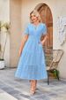 Women's Clothing V Neck Hollow Eyelet Pleated Short Sleeved Long Dress_ecoleips.com
