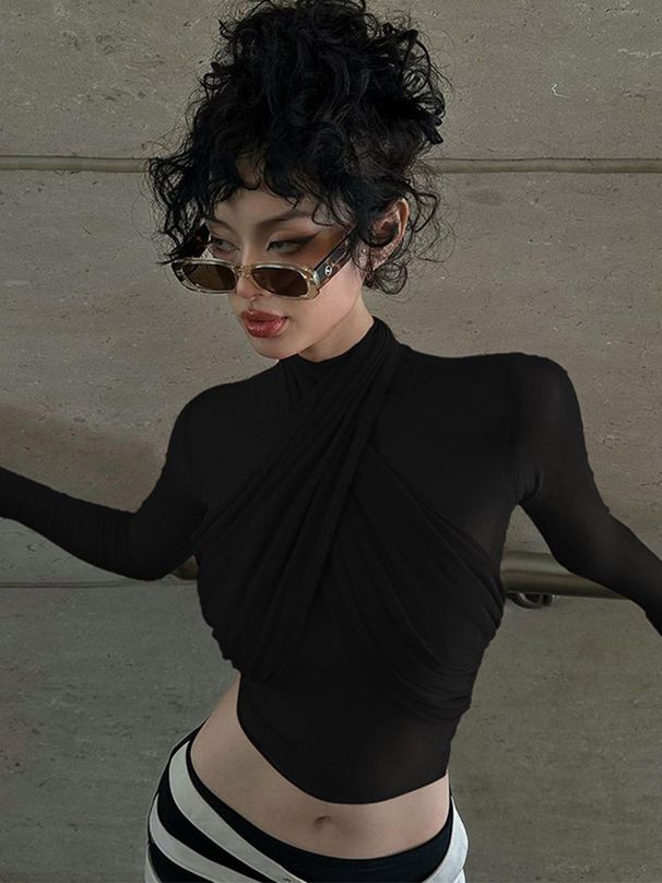 European American Style Women's Long Sleeve Top Fashionable Sexy Tight Fit with Tie up Design Versatile Niche Street Style 2025_ecoleips.com